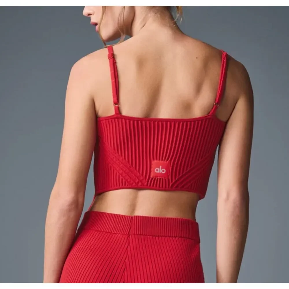 ALO Yoga Denim Knit Garter Ribbed Tank Top in Bold Red Small
